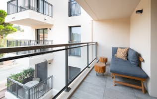 location - Exclusive - Modern Apartment Terrace  location - Exclusive - Image of a modern terrace with designer furniture, perfect for relaxing.